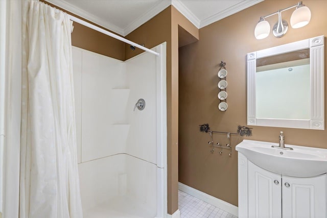 bathroom featuring vanity, ornamental molding, and a shower with shower curtain