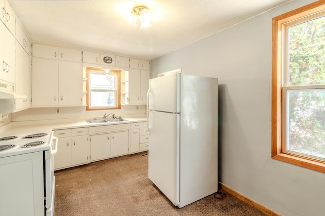 kitchen featuring white cabinets, white appliances, a wealth of natural light, and sink