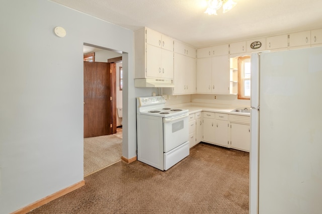 kitchen with white cabinetry, white appliances, sink, and light carpet