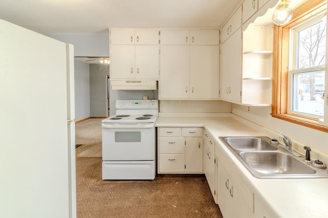 kitchen with white cabinets, carpet, white appliances, and sink