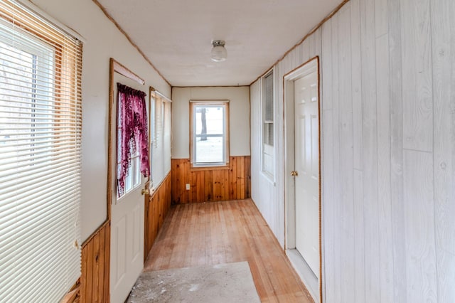 hall with light wood-type flooring and wooden walls