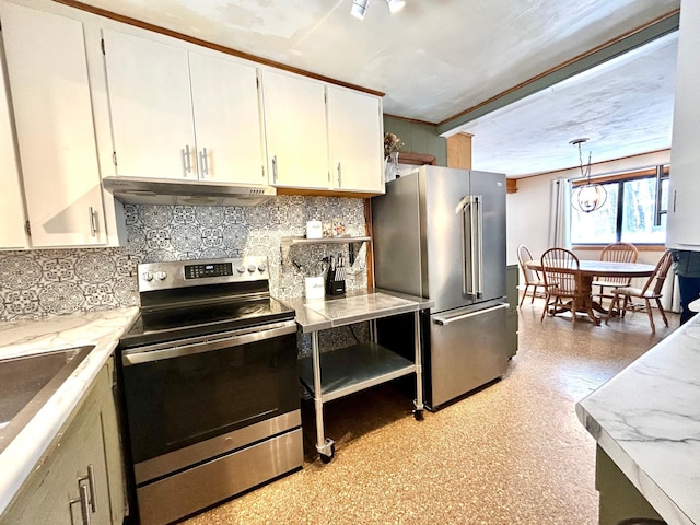 kitchen with white cabinetry, sink, hanging light fixtures, stainless steel appliances, and backsplash