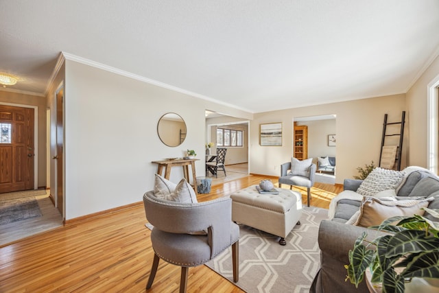 living room featuring ornamental molding and light wood-type flooring