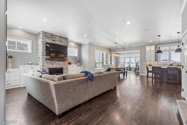 living room featuring a stone fireplace, crown molding, dark hardwood / wood-style flooring, and sink