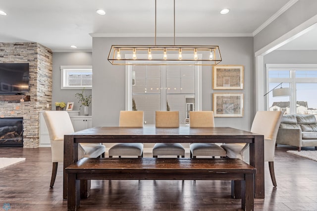 dining area with a stone fireplace, dark hardwood / wood-style flooring, crown molding, and a wealth of natural light