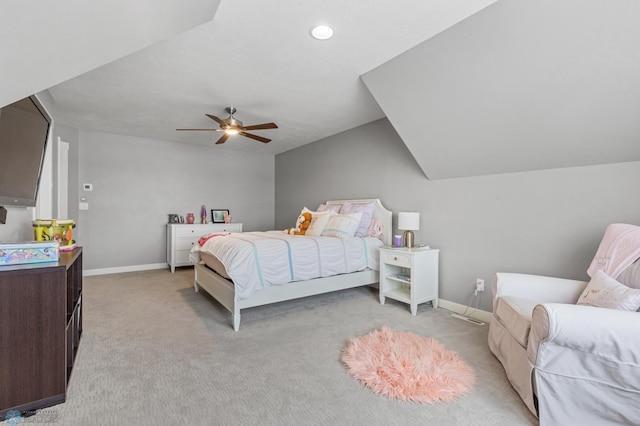 carpeted bedroom with ceiling fan and lofted ceiling