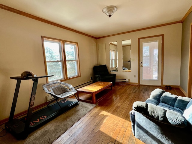 living room with ornamental molding, a baseboard radiator, and light hardwood / wood-style flooring