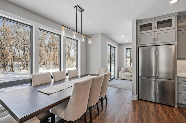 dining room featuring a textured ceiling and dark wood-type flooring