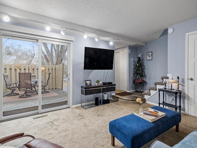 carpeted living room with a textured ceiling and rail lighting