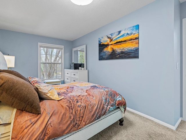 bedroom with carpet and a textured ceiling