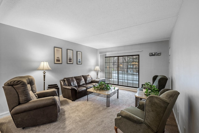 carpeted living room with a textured ceiling