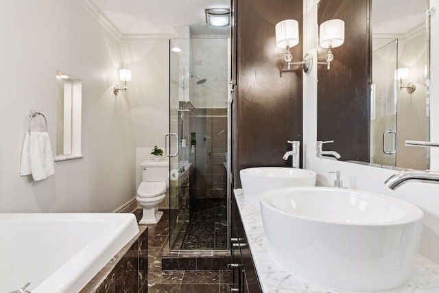 full bath with a stall shower, marble finish floor, crown molding, tiled tub, and a sink