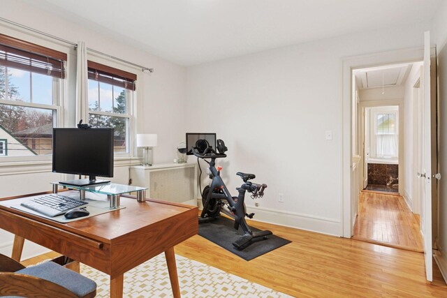 home office with light wood-style floors, attic access, and baseboards