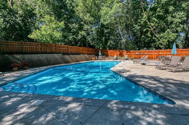 pool with a fenced backyard and a patio area