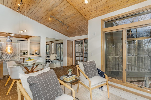 living area featuring plenty of natural light, wooden ceiling, rail lighting, and vaulted ceiling