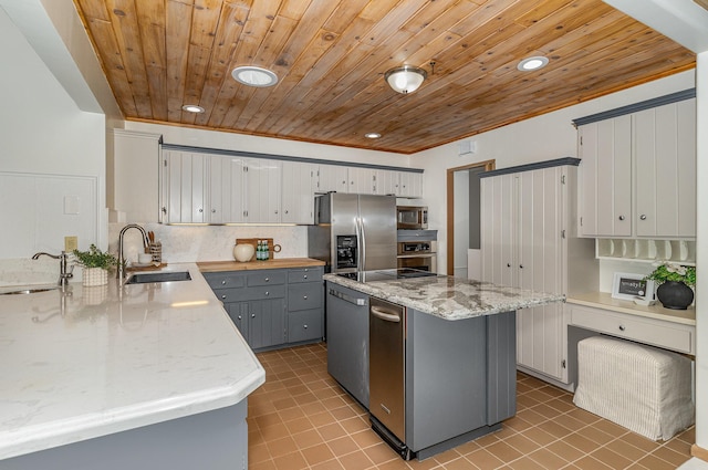 kitchen featuring backsplash, a center island, gray cabinets, appliances with stainless steel finishes, and a sink