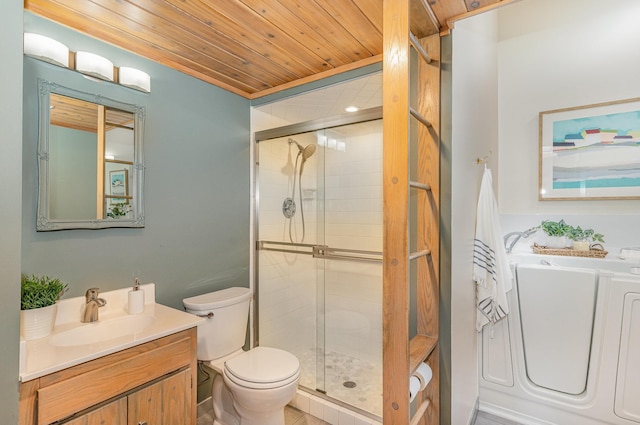 bathroom with vanity, toilet, a stall shower, and wooden ceiling