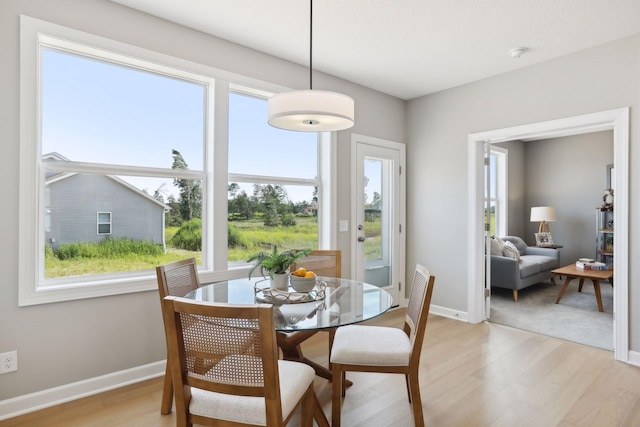 dining space with light hardwood / wood-style flooring and plenty of natural light