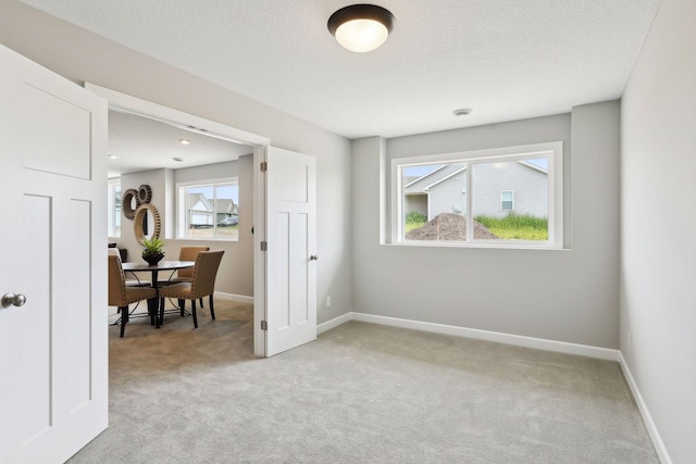 unfurnished room with light carpet, plenty of natural light, and a textured ceiling