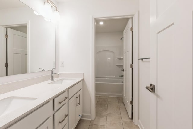 bathroom with washtub / shower combination, tile patterned floors, and vanity