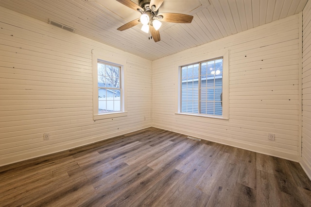 empty room with ceiling fan, dark hardwood / wood-style flooring, wooden ceiling, and wooden walls