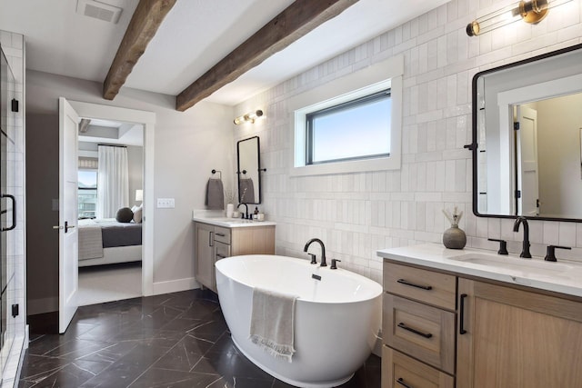 bathroom featuring beamed ceiling, vanity, separate shower and tub, and tile walls