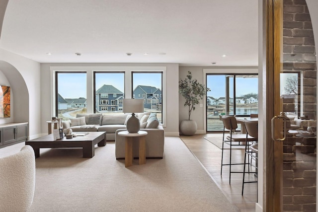 living room featuring plenty of natural light and light hardwood / wood-style flooring