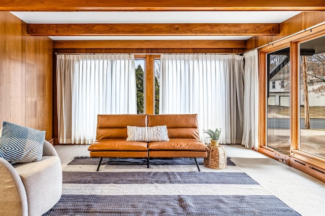 sunroom featuring a healthy amount of sunlight and beam ceiling