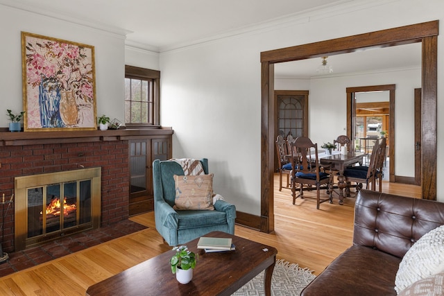 living area featuring wood finished floors, ornamental molding, and a fireplace