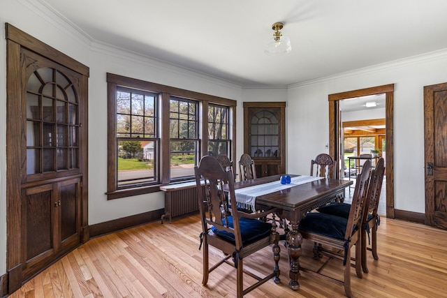 dining space with radiator, baseboards, light wood finished floors, and crown molding