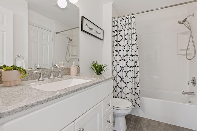 full bathroom with shower / bath combo with shower curtain, toilet, tile patterned flooring, and vanity