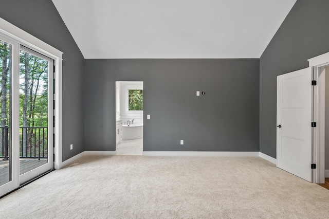 carpeted spare room with a wealth of natural light and vaulted ceiling