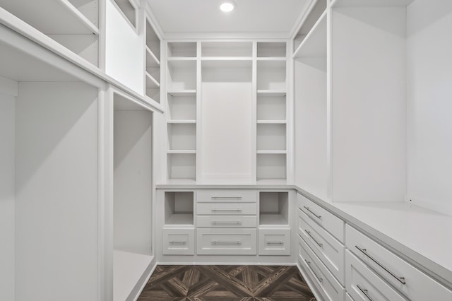 spacious closet featuring dark parquet floors