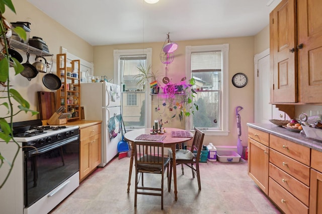 kitchen featuring white refrigerator, range with gas stovetop, and decorative light fixtures