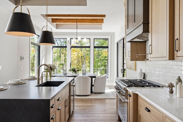 kitchen featuring pendant lighting, sink, stainless steel stove, backsplash, and wood-type flooring