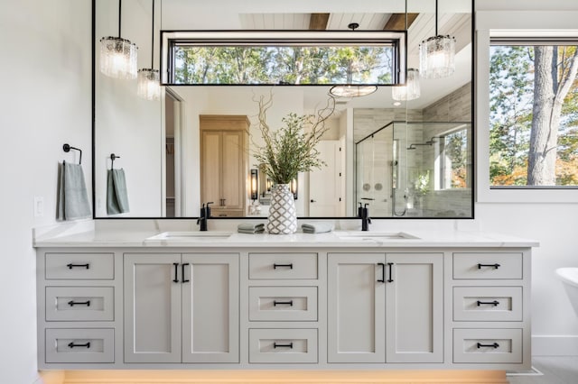 bathroom with an enclosed shower, vanity, and a healthy amount of sunlight