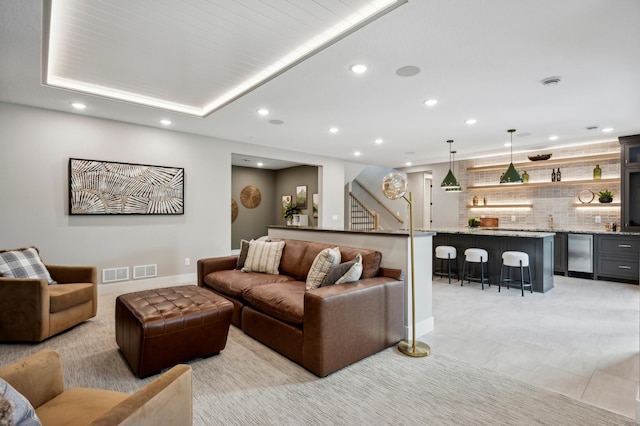 living room with indoor bar