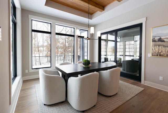 dining space with hardwood / wood-style flooring, wood ceiling, a tray ceiling, and a chandelier