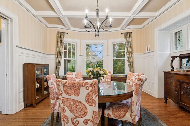 1941 James Ave S, Minneapolis, MN 55403 - dining space featuring a decorative wall, a chandelier, coffered ceiling, wood finished floors, and wainscoting
