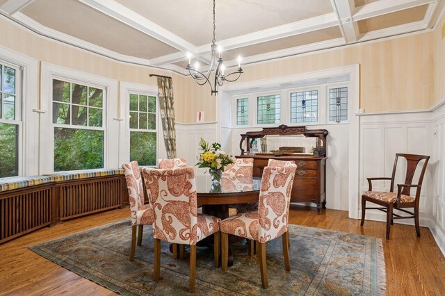 1941 James Ave S, Minneapolis, MN 55403 - dining space featuring coffered ceiling, a decorative wall, a chandelier, a wainscoted wall, and wood finished floors