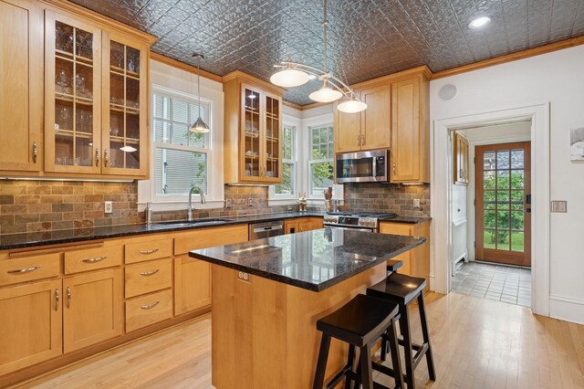 1941 James Ave S, Minneapolis, MN 55403 - kitchen with appliances with stainless steel finishes, a sink, an ornate ceiling, ornamental molding, and backsplash