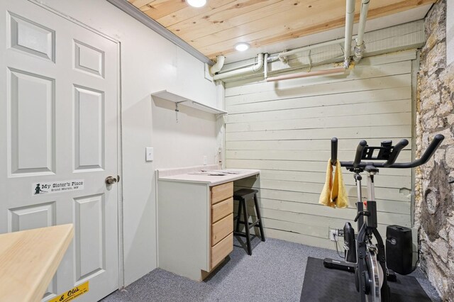 1941 James Ave S, Minneapolis, MN 55403 - workout area with carpet, wood ceiling, and wooden walls