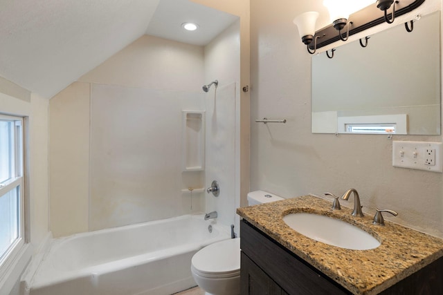 full bathroom featuring a wealth of natural light, shower / bath combination, lofted ceiling, and toilet