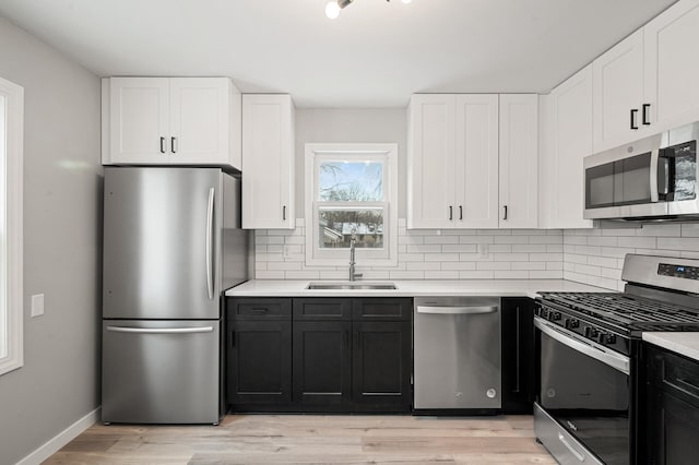 kitchen featuring white cabinetry, sink, stainless steel appliances, light hardwood / wood-style flooring, and decorative backsplash