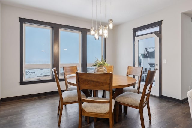 dining room with plenty of natural light and dark wood-type flooring