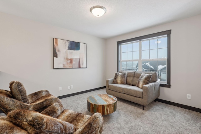 living area featuring light carpet, baseboards, and a textured ceiling