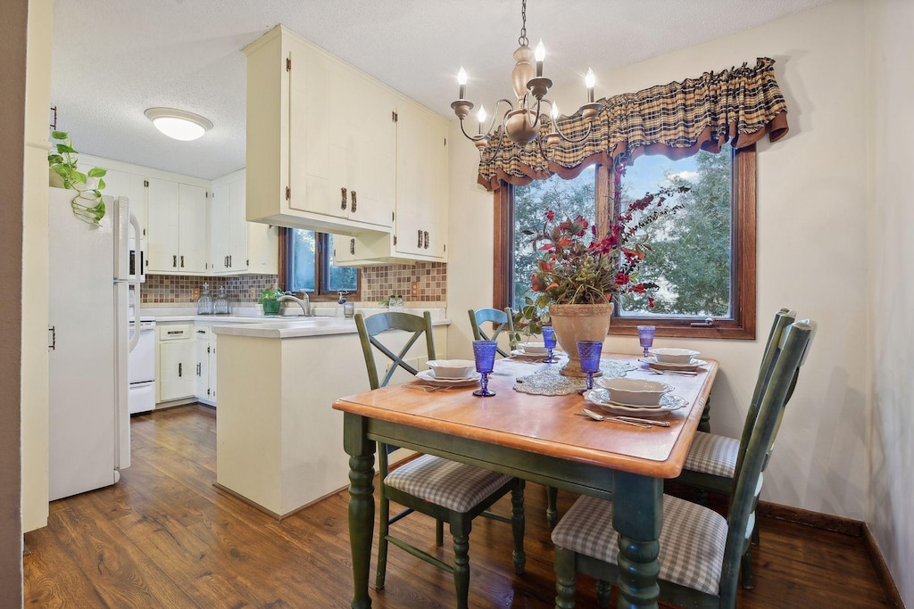 17390 Sunset Trl SW, Prior Lake, MN 55372 - dining room featuring baseboards, an inviting chandelier, dark wood finished floors, and a healthy amount of sunlight
