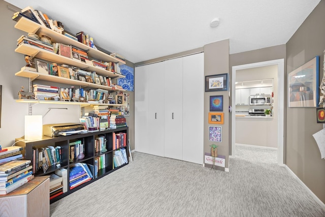 game room with light colored carpet