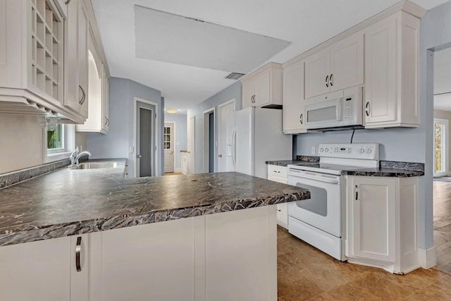 kitchen featuring kitchen peninsula, sink, white cabinets, and white appliances