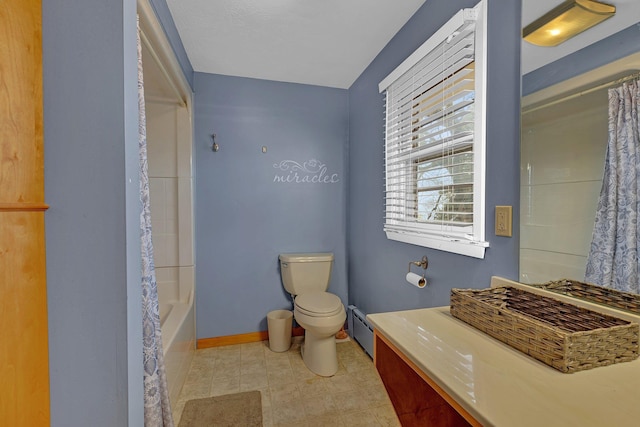 bathroom with shower / bath combo with shower curtain, toilet, and a baseboard heating unit